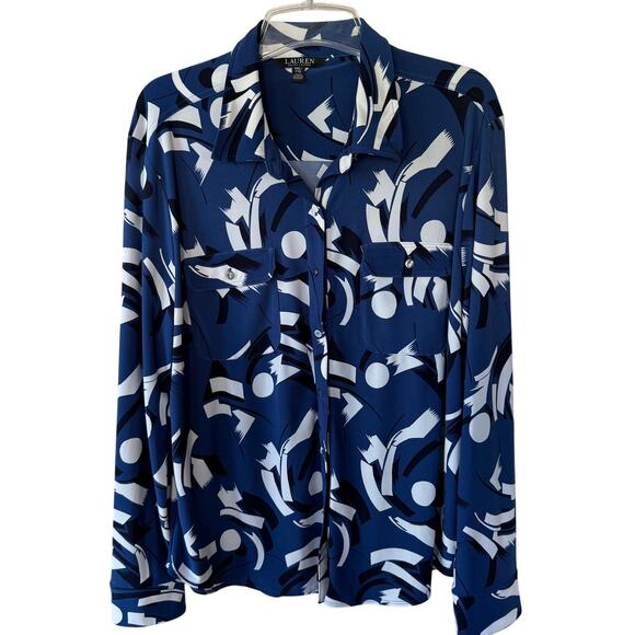 Lauren Ralph Lauren Black Label Liquid Knit print Buttondown blouse size 2X - Picture 1 of 10